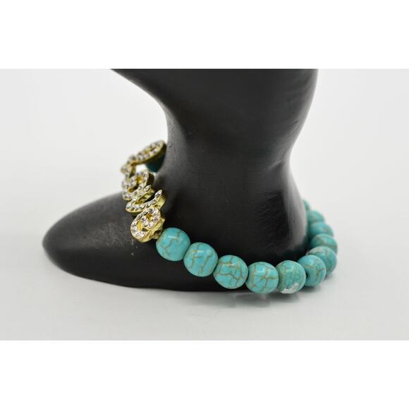 Stretchy Bracelet Faux Turquoise Beaded Rhinestone LOVE Cursive Valentine BinO - Picture 8 of 11